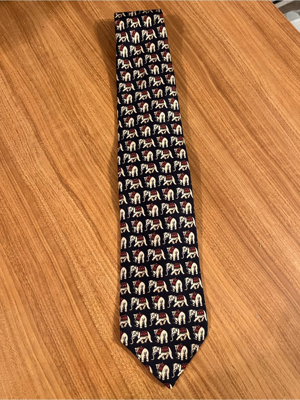 Vintage Men's Navy Tie with Ivory Elephant Motif